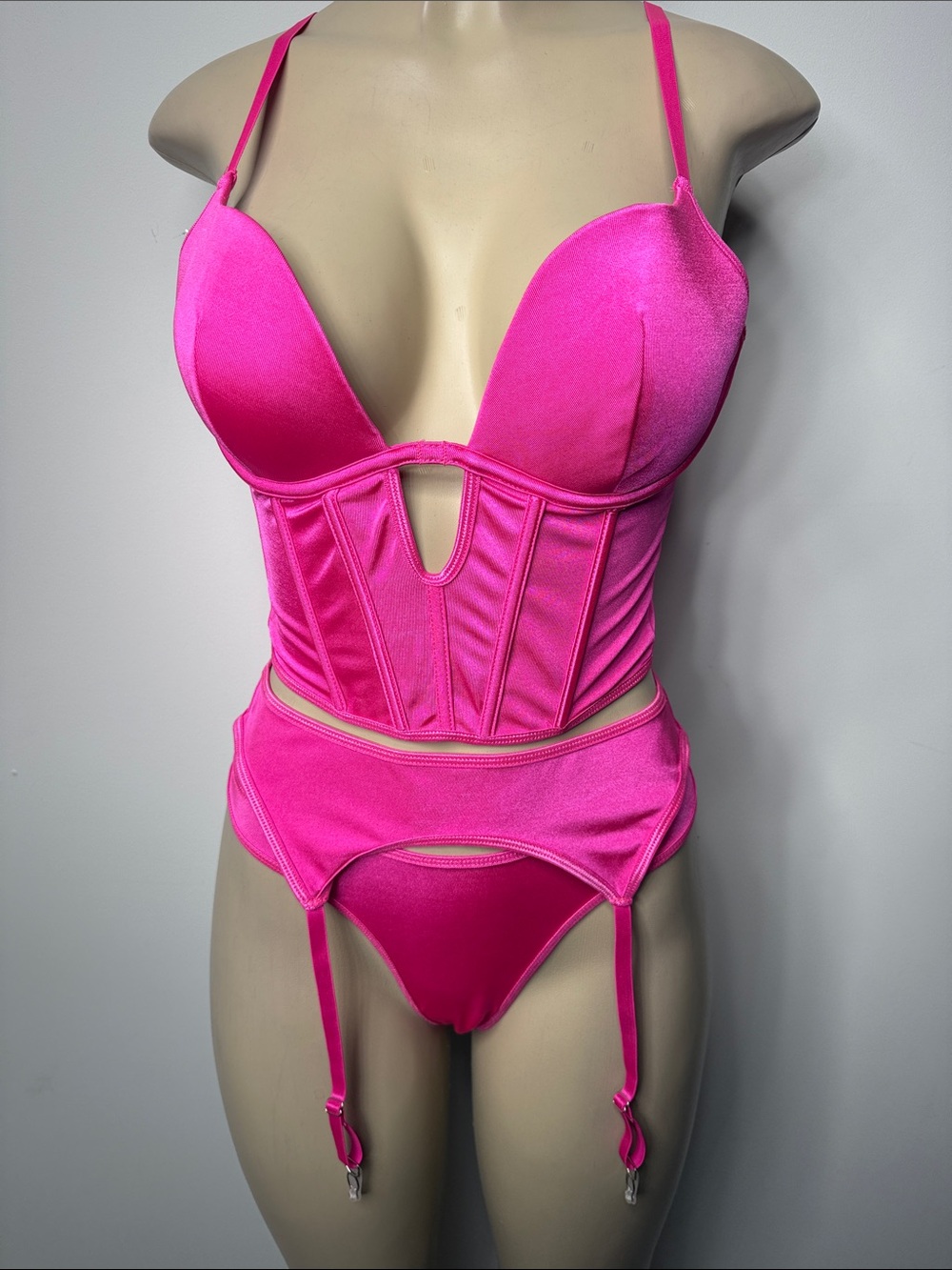Hot Pink Bustier Lingerie Set with Garter